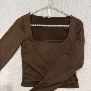 Squareneck Brown Stretchy Long Sleeve Top